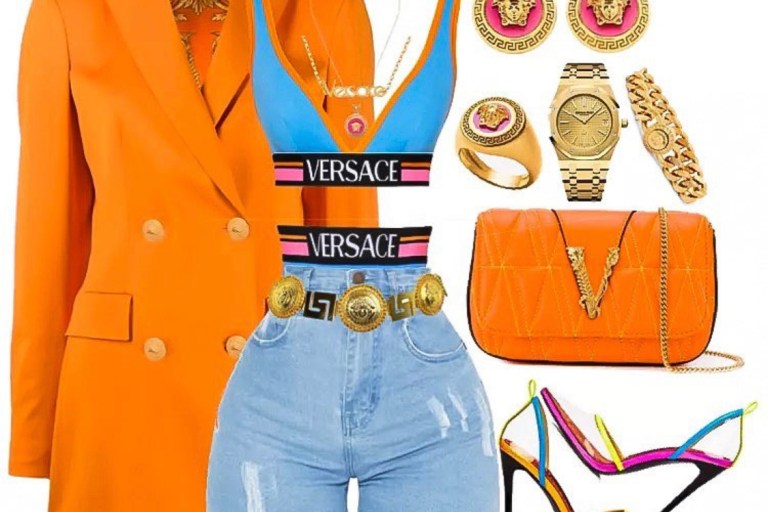 Outfit_Inspiration_Versace_Orange_Blazer_Pretty_Little_Thing_Denim_Shorts_and_Jessica_Rich_Neon_Shoes